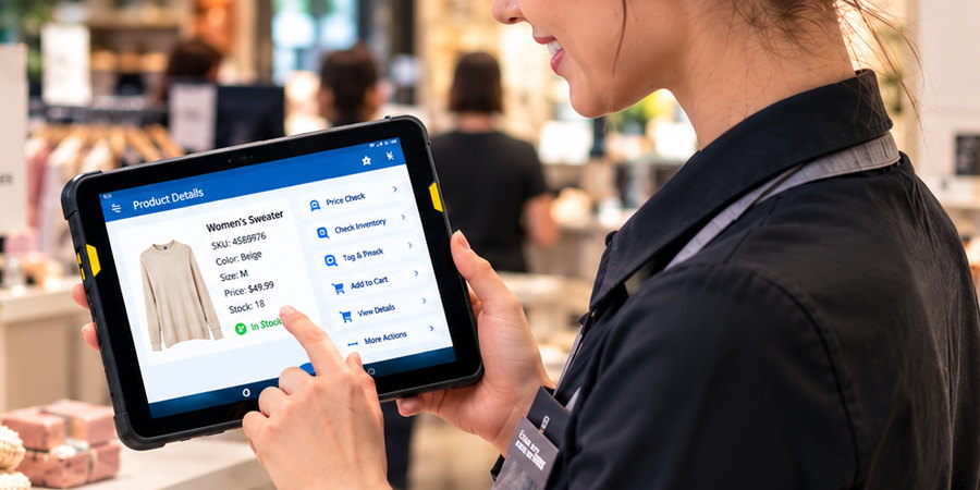 Retail associate checking stock on a rugged Android tablet in a clothing store