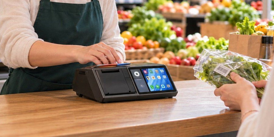 All-in-one desktop POS terminal with dual display at a supermarket checkout