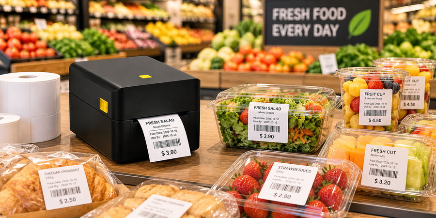 Linerless label printer applying fresh-food price and date labels in a supermarket produce section