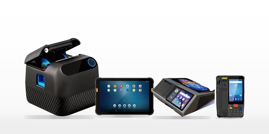 JNXTECH OEM/ODM hardware portfolio: label printer, rugged mobile computer, mobile POS terminal and industrial tablet on a studio display podium
