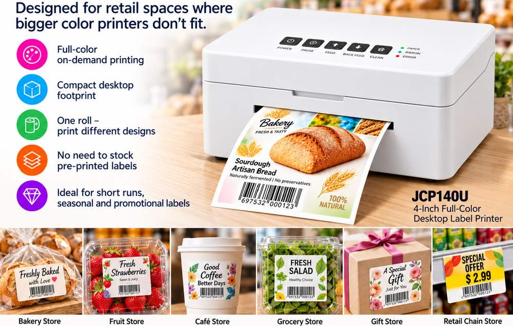JCP140U Vollfarb-Etikettendrucker für den Tisch auf einem Ladentresen, druckt bei Bedarf ein vollfarbiges Produktetikett
