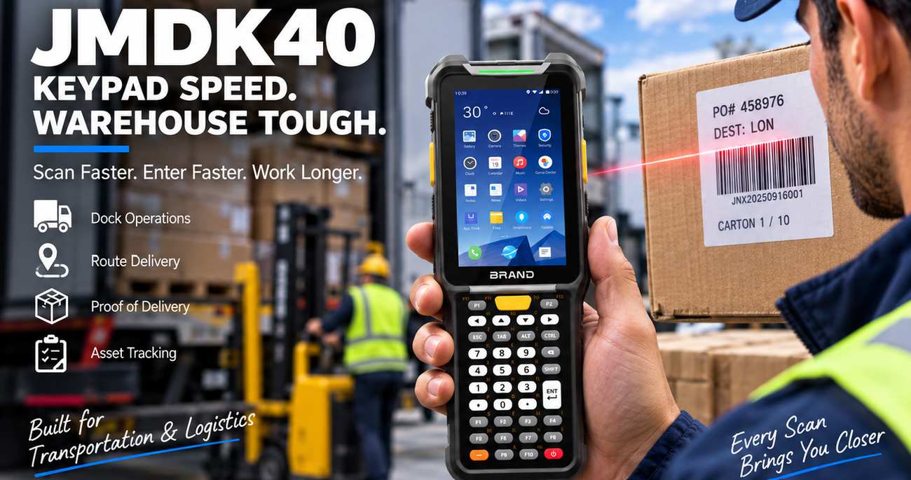 JMDK40 Datenterminal mit Tastatur im Einsatz auf einer Laderampe, scannt einen Karton-Barcode, während im Hintergrund ein Gabelstapler arbeitet