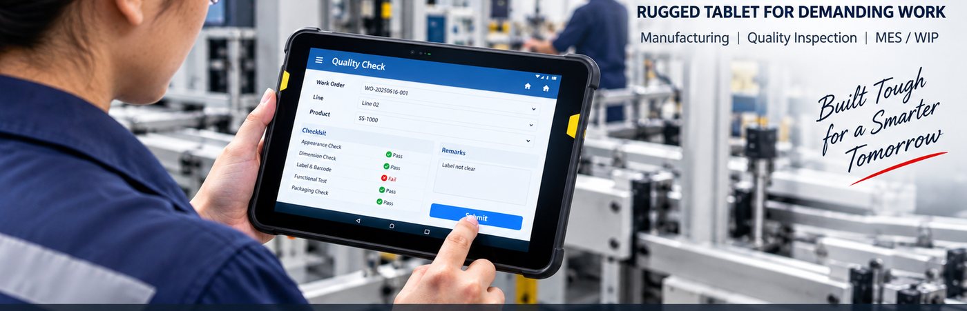 Tablet robusta JMDT110 de 11 pulgadas en uso en una planta de fabricación con un formulario de control de calidad