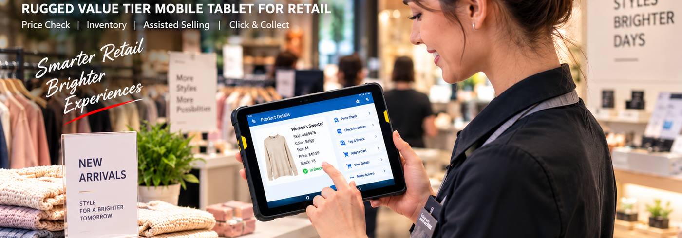 JMDT80 robustes 8-Zoll-Tablet im Verkaufsraum für Preisprüfung, Bestandsabfrage und Beratungsverkauf